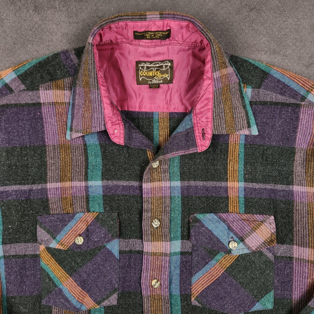 Vintage Country Squire by Block Plaid Flannel Shirt Mens Large Purple Wool Blend - Picture 1 of 9